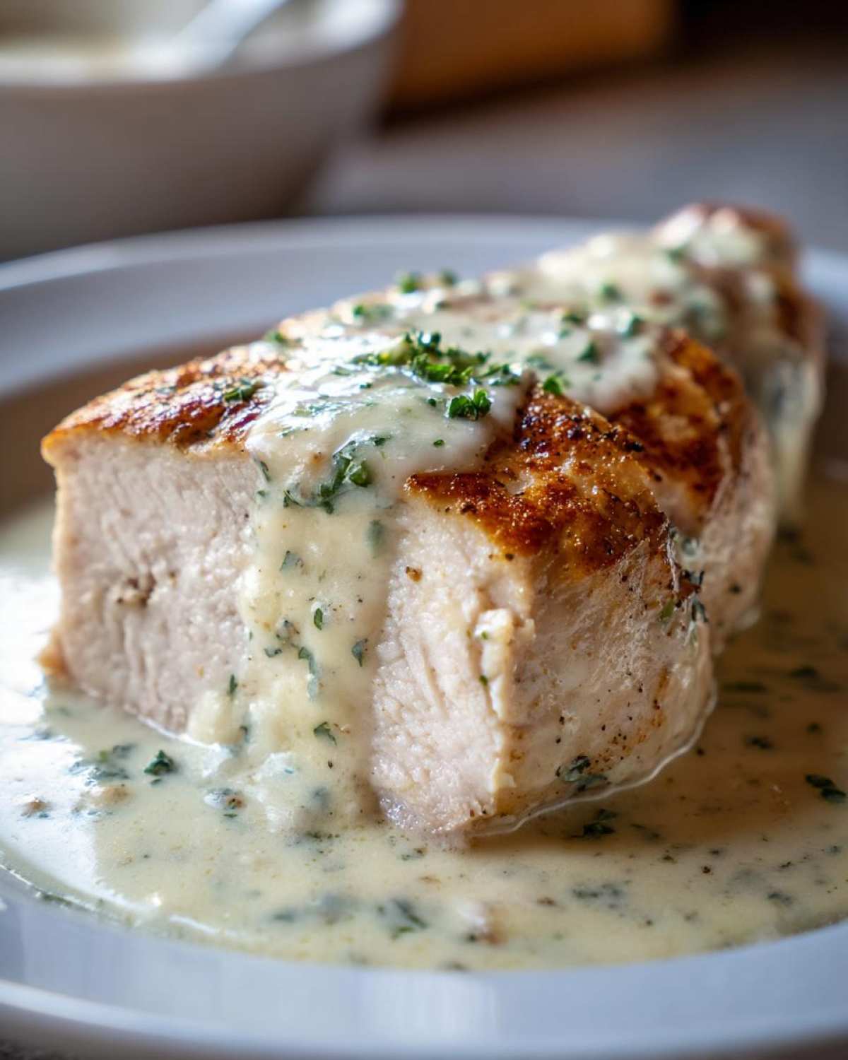 A cross-section of perfectly cooked Creamy Asiago Chicken breast topped with rich, herb-flecked white sauce.