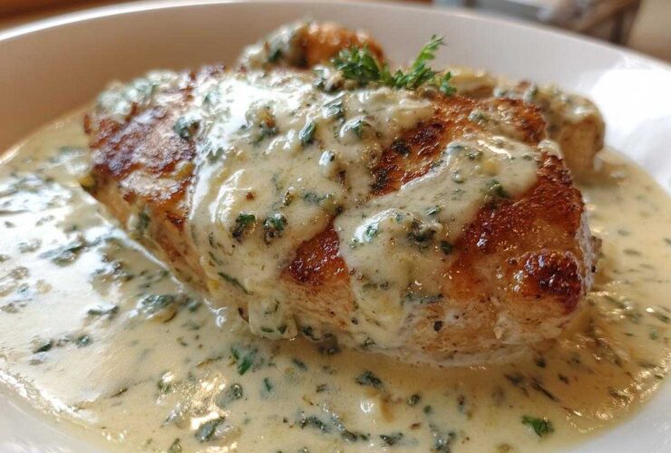 A perfectly seared chicken breast smothered in a rich, creamy Asiago chicken sauce flecked with green herbs.