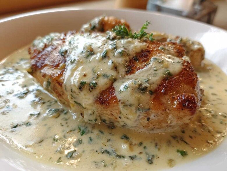 A perfectly seared chicken breast smothered in a rich, creamy Asiago chicken sauce flecked with green herbs.