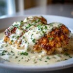 Close-up of pan-seared chicken breasts smothered in a rich, creamy Asiago chicken sauce and topped with fresh parsley.