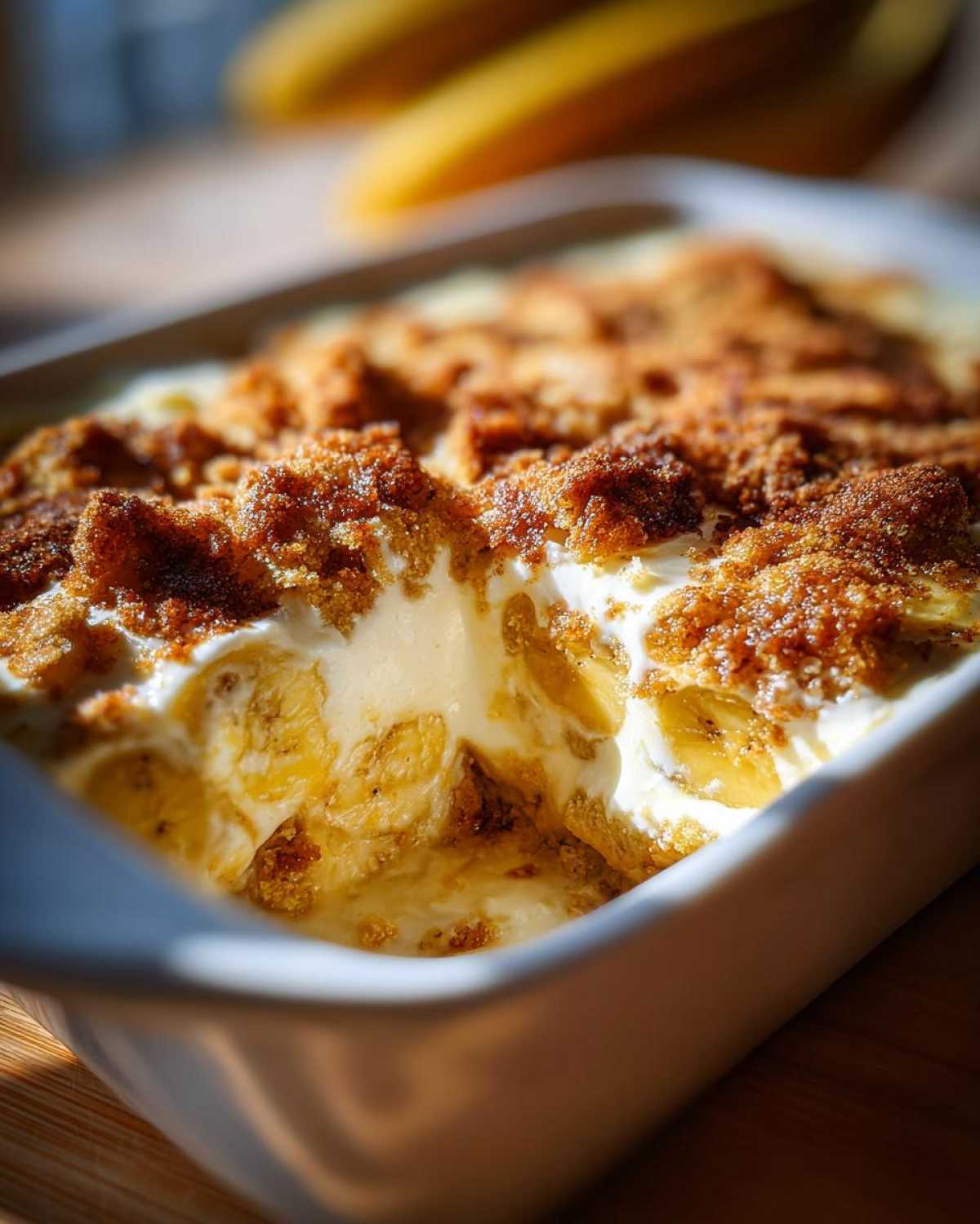 A close-up, sunlit view of a creamy Banana Pudding Cobbler scooped in a white baking dish, showing layers of custard, bananas, and brown sugar crumble topping.