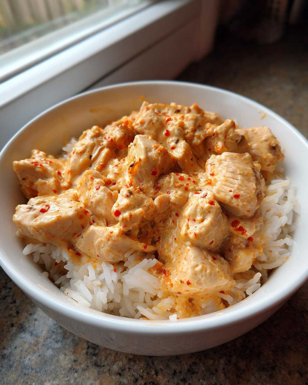 Close-up of cubed cajun chicken in a creamy, orange-red sauce served over a bed of white rice in a white bowl.
