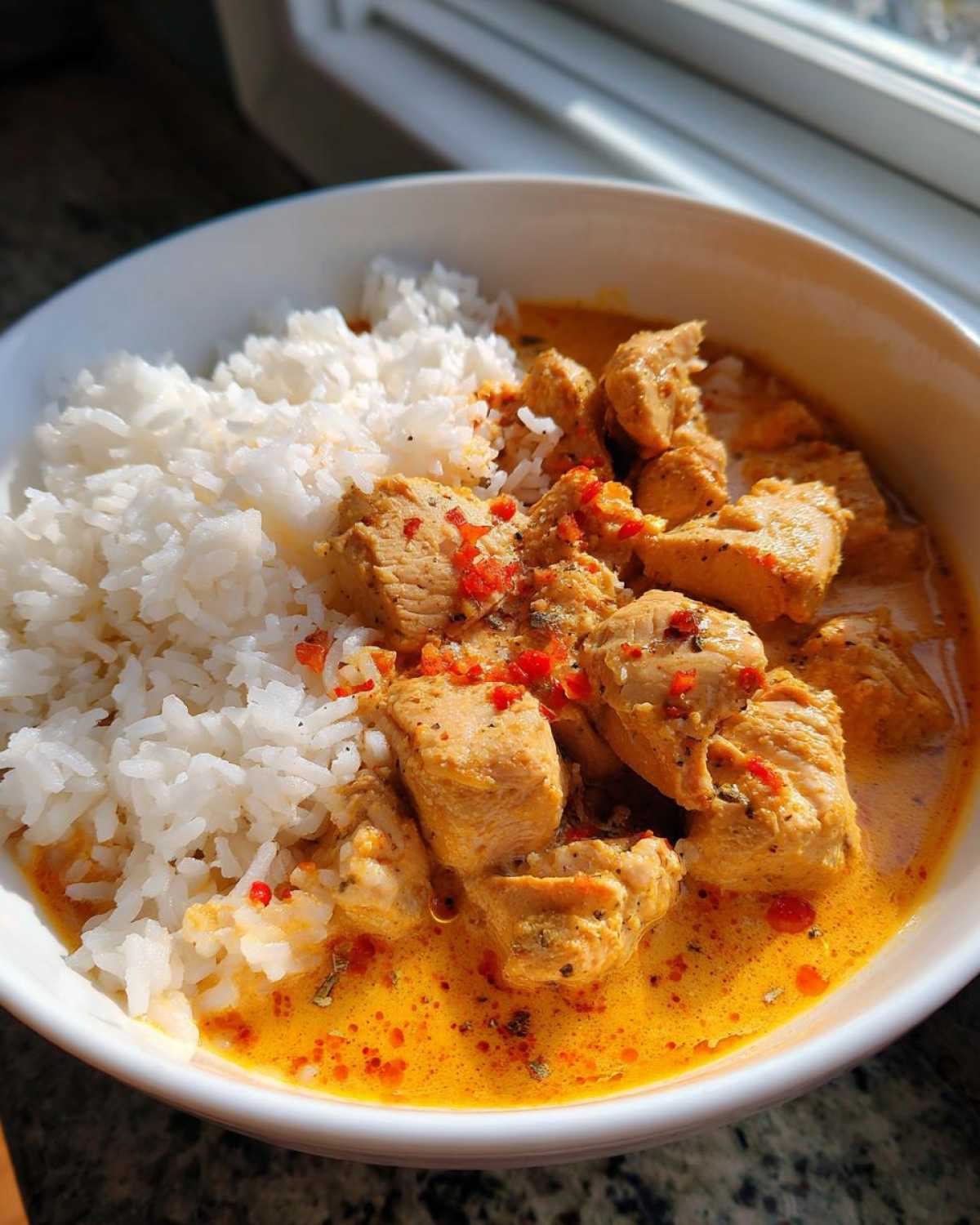 Close-up of a white bowl filled with creamy cajun chicken pieces and fluffy white rice, topped with red pepper flakes.