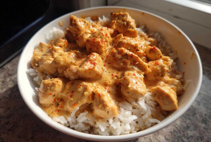A white bowl filled with white rice topped with creamy, seasoned chunks of cajun chicken.