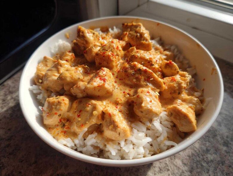 A white bowl filled with white rice topped with creamy, seasoned chunks of cajun chicken.