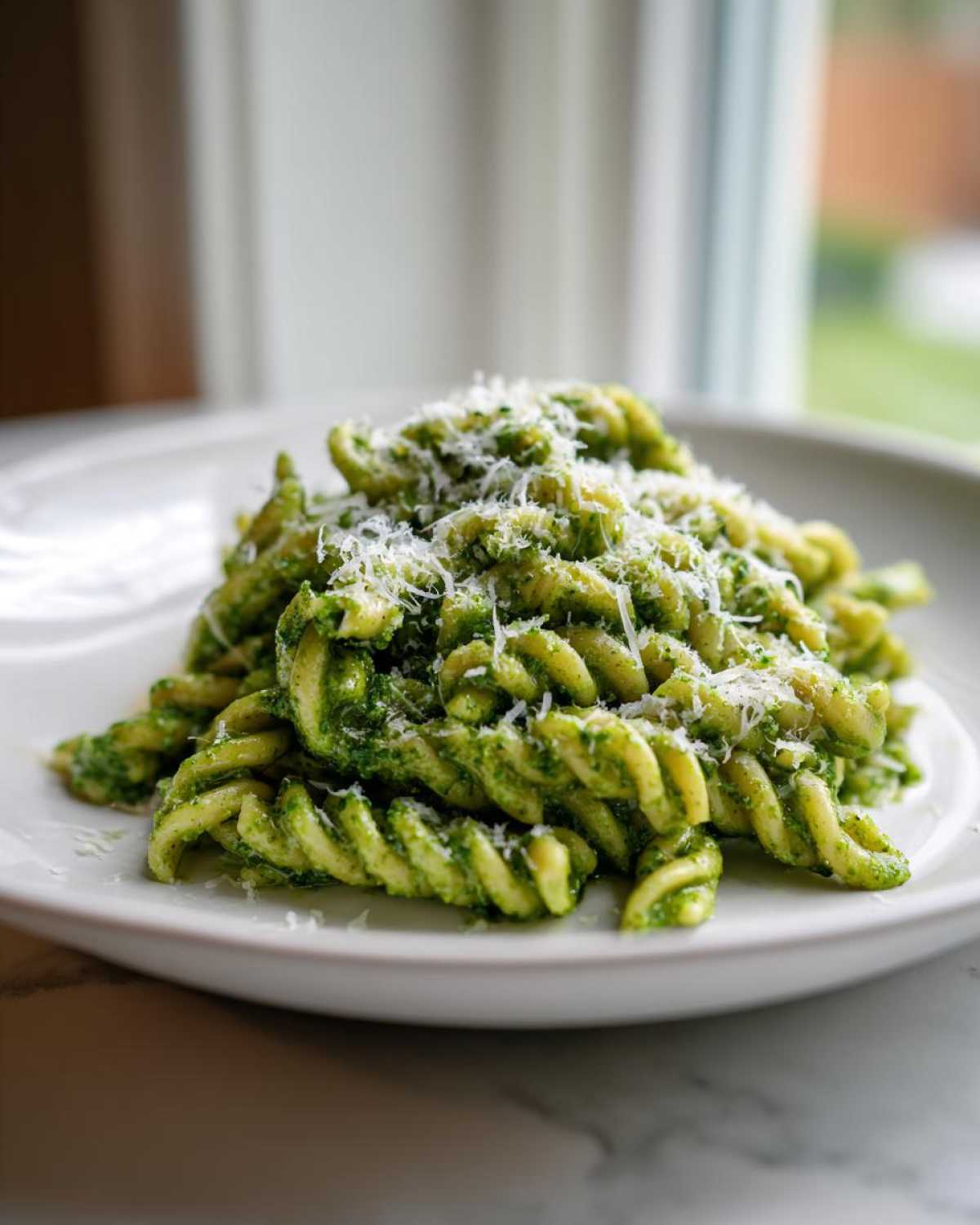 A close-up of fusilli pasta tossed in vibrant green sauce, served on a white plate and topped with grated Parmesan cheese, representing creamy pesto pasta.