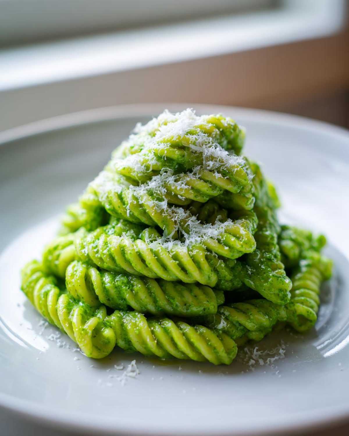 A mound of bright green creamy pesto pasta (fusilli) topped with grated Parmesan cheese on a white plate.