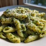 Close-up of a bowl filled with creamy pesto pasta (penne) topped generously with grated Parmesan cheese.