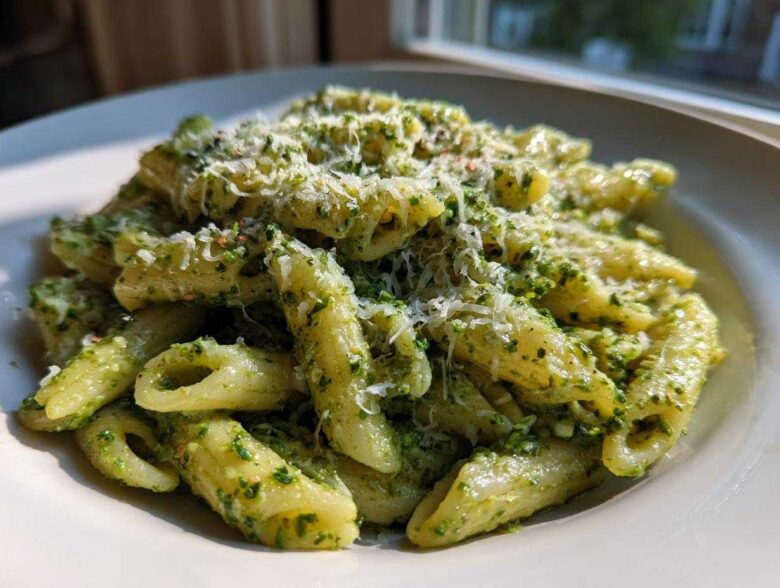 Close-up of a bowl filled with creamy pesto pasta (penne) topped generously with grated Parmesan cheese.