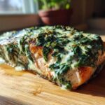 A perfectly cooked fillet of Creamy Spinach Salmon resting on a wooden cutting board, topped with rich spinach sauce.