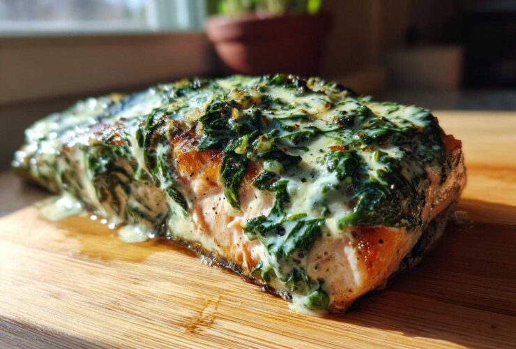 A perfectly cooked fillet of Creamy Spinach Salmon resting on a wooden cutting board, topped with rich spinach sauce.