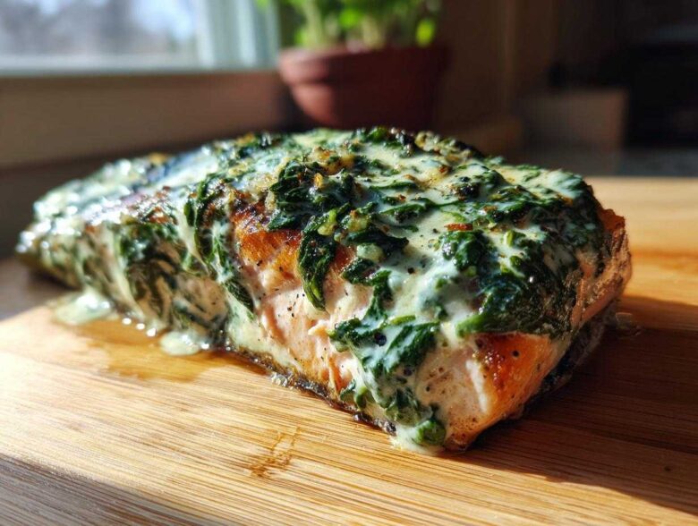 A perfectly cooked fillet of Creamy Spinach Salmon resting on a wooden cutting board, topped with rich spinach sauce.