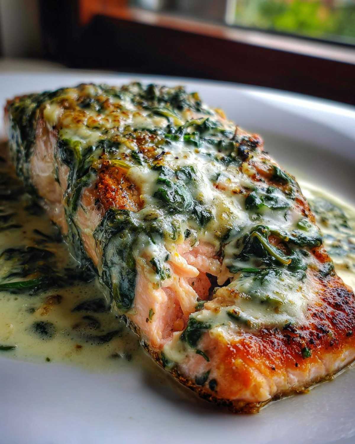 Close-up of a perfectly cooked salmon fillet topped with creamy spinach sauce, showcasing the flaky pink interior of the Creamy Spinach Salmon.