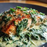 Close-up of a pan-seared salmon fillet covered in rich, creamy spinach sauce, garnished with chives.