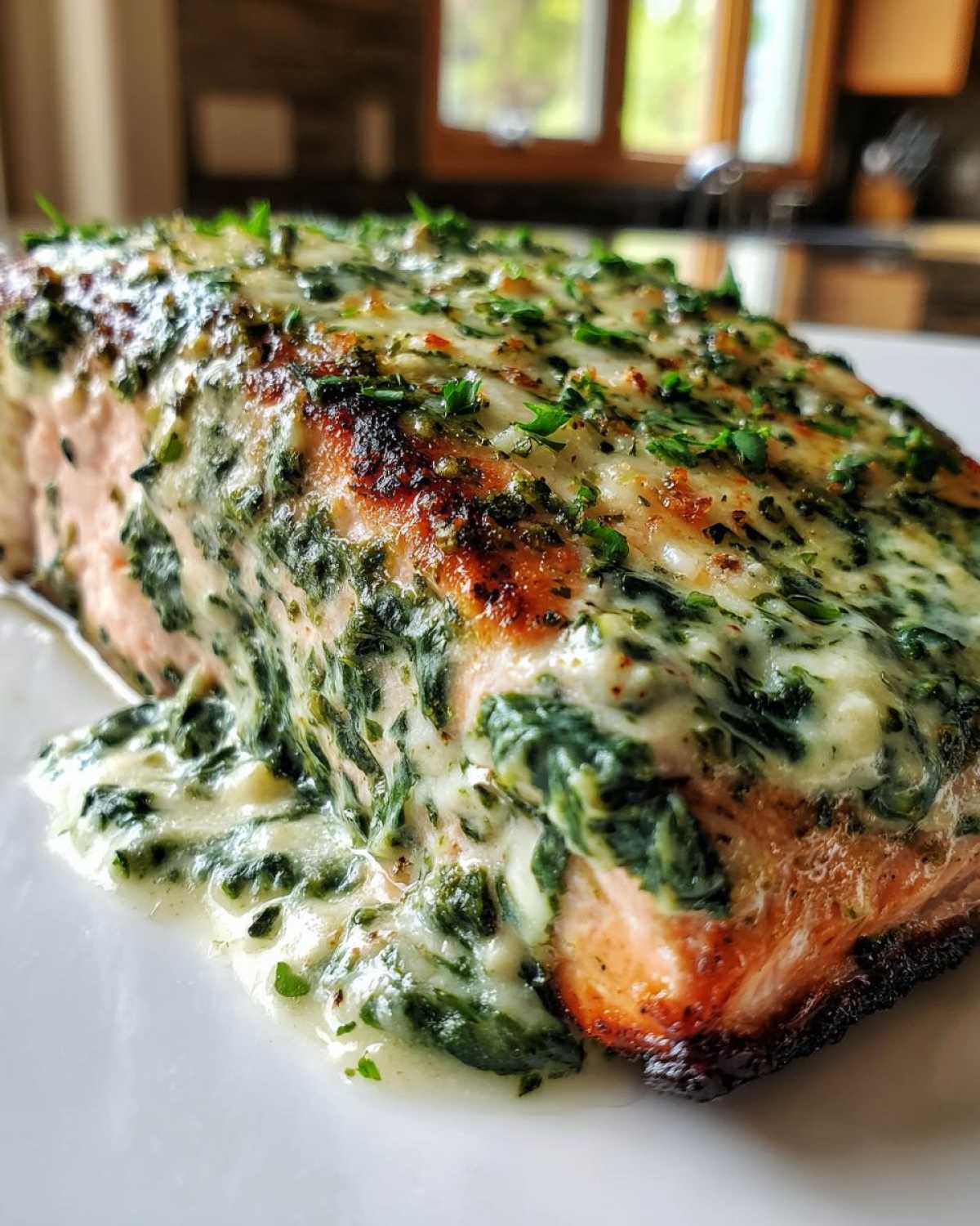 Close-up of a perfectly cooked salmon fillet topped with rich, creamy spinach sauce and fresh parsley.