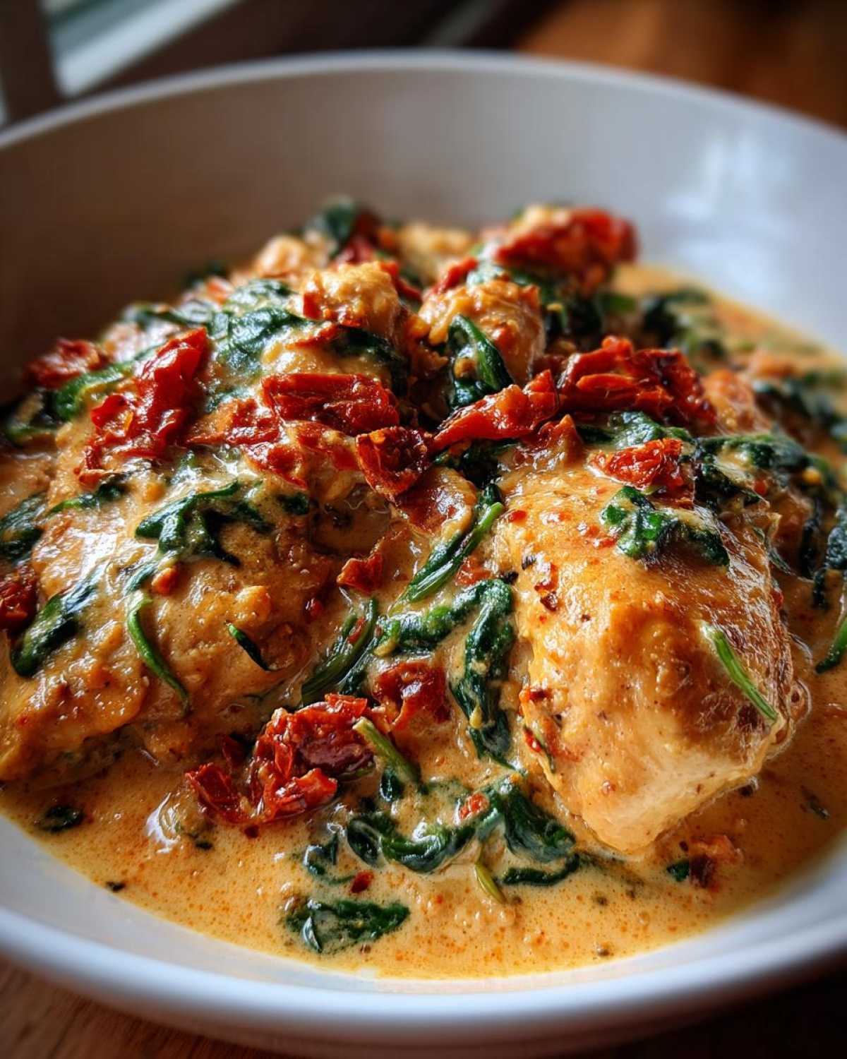 Close-up of tender chicken pieces smothered in a rich, creamy sauce with wilted spinach and sun-dried tomatoes, showcasing the creamy tuscan chicken.