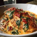 A close-up of a pan-seared chicken breast smothered in a rich, creamy Tuscan sauce with spinach and sun-dried tomatoes, featuring the primary keyword creamy tuscan chicken.