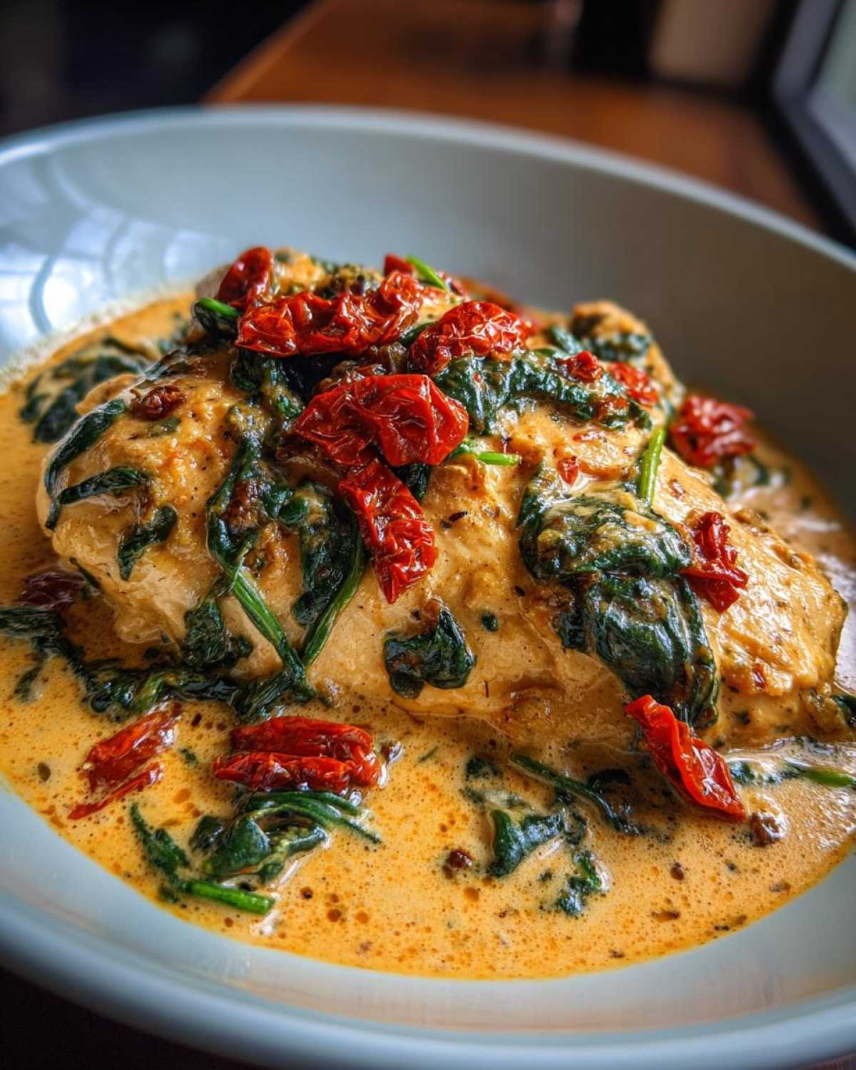A close-up of creamy Tuscan chicken breast smothered in a rich, orange-hued sauce with wilted spinach and sun-dried tomatoes.