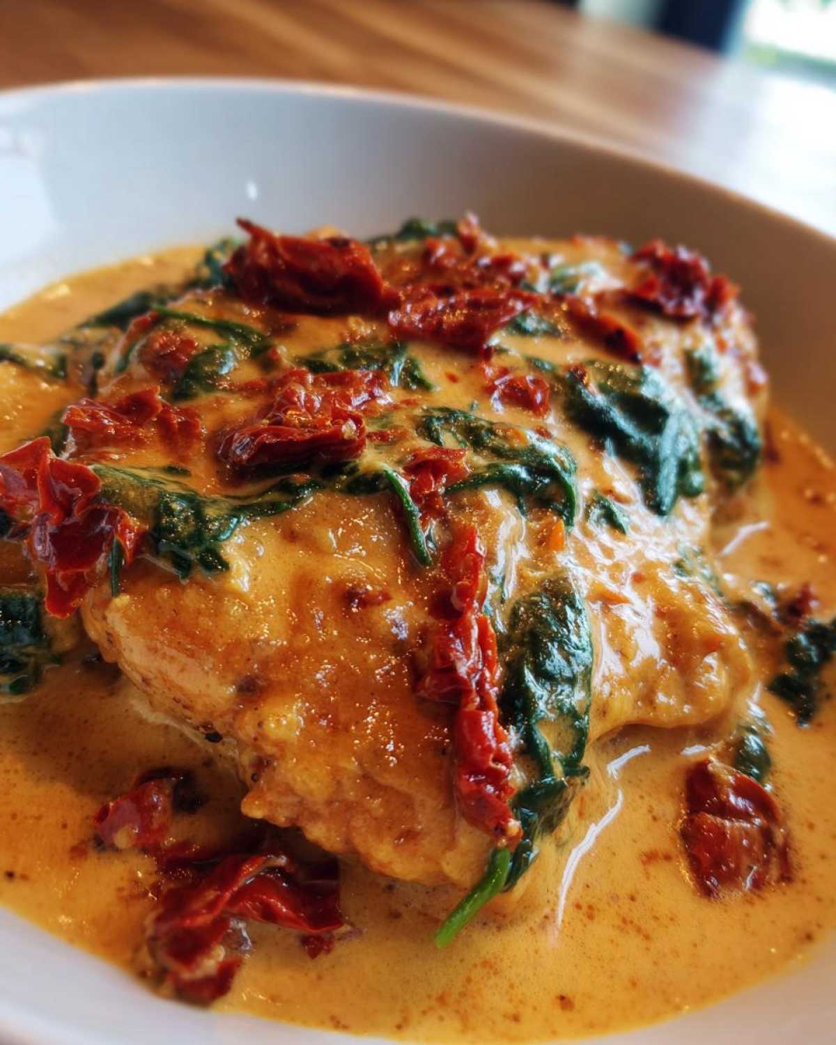 A close-up view of a piece of creamy Tuscan chicken smothered in a rich, orange-hued cream sauce with wilted spinach and sun-dried tomatoes.