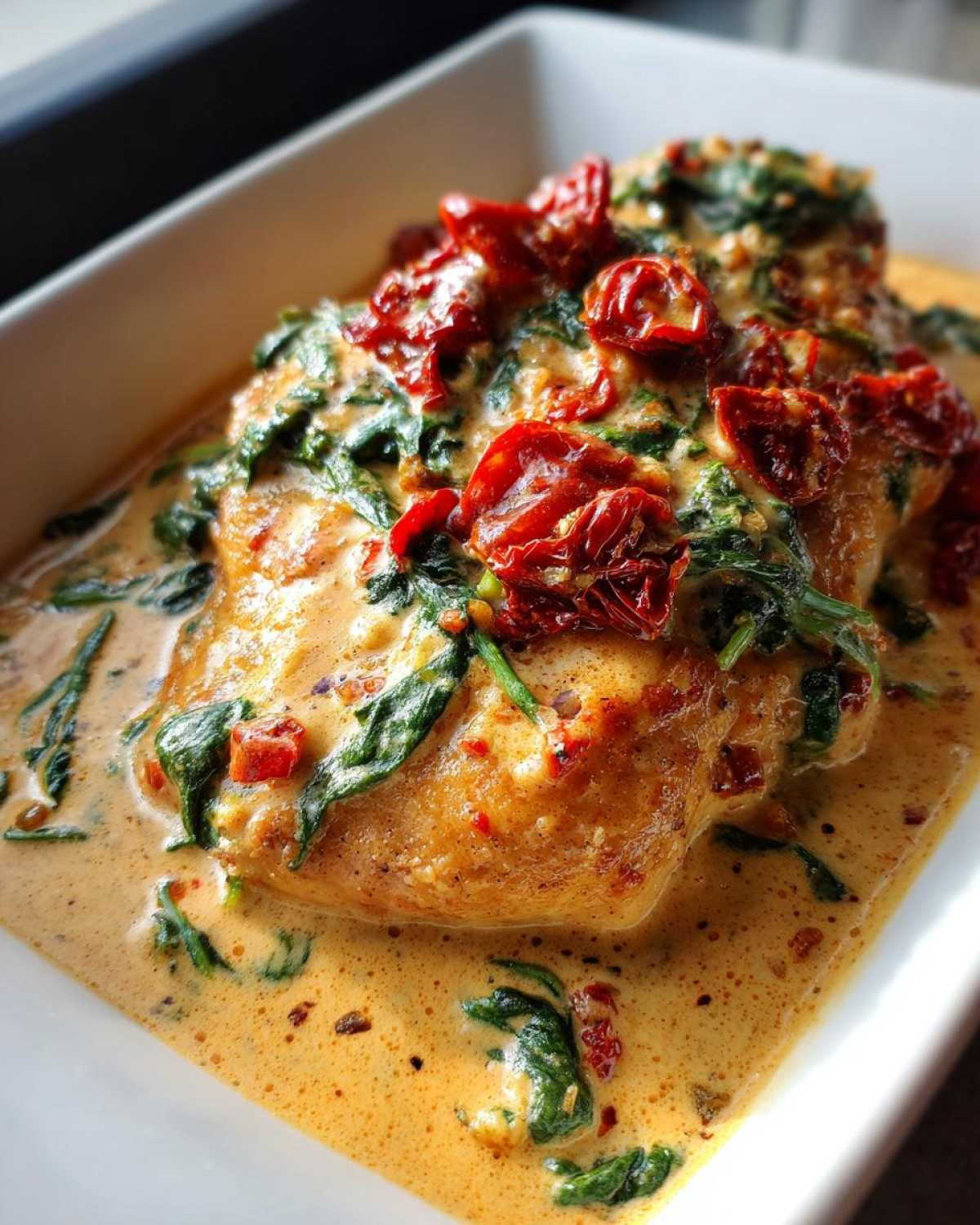 A perfectly cooked piece of creamy Tuscan chicken topped with spinach and vibrant sun-dried tomatoes in a rich sauce.