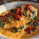 A perfectly cooked piece of creamy Tuscan chicken smothered in a rich, orange-hued cream sauce with spinach and sun-dried tomatoes.