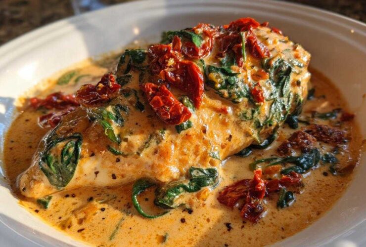 A perfectly cooked piece of creamy Tuscan chicken smothered in a rich, orange-hued cream sauce with spinach and sun-dried tomatoes.