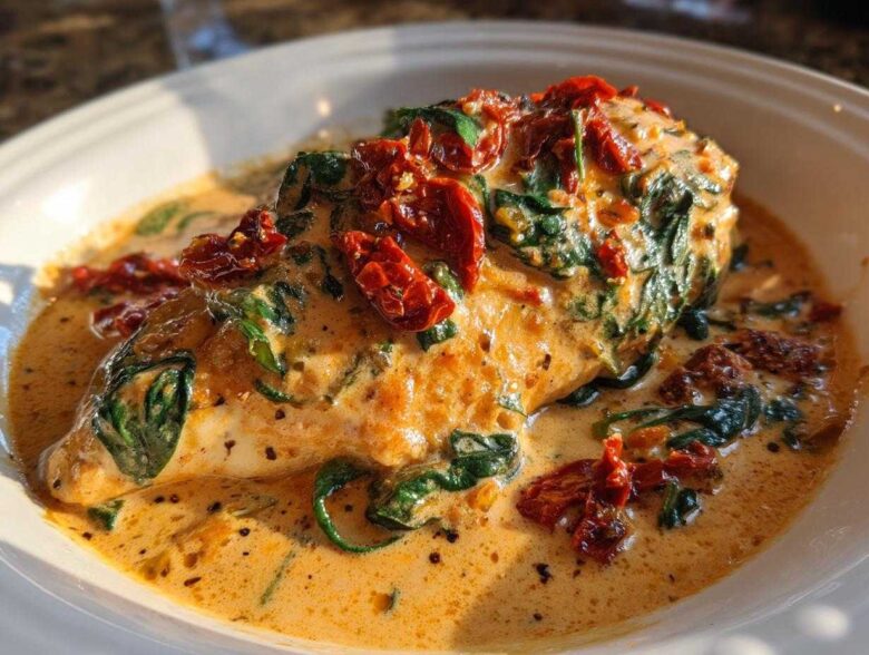 A perfectly cooked piece of creamy Tuscan chicken smothered in a rich, orange-hued cream sauce with spinach and sun-dried tomatoes.