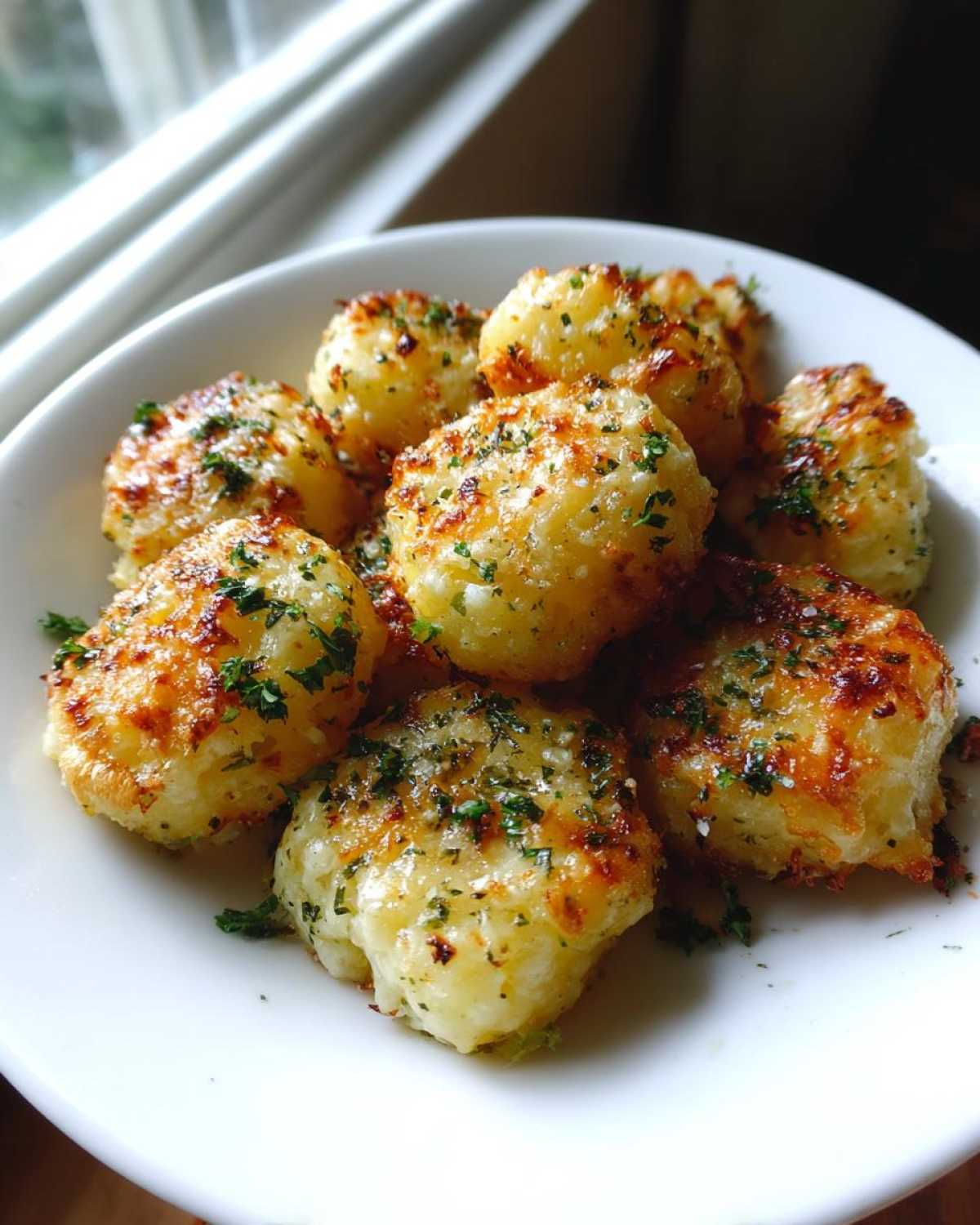 Close-up of golden brown, crispy air fryer gnocchi sprinkled with herbs in a white bowl.
