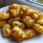 A close-up of golden brown, crispy air fryer gnocchi seasoned with herbs on a white plate.