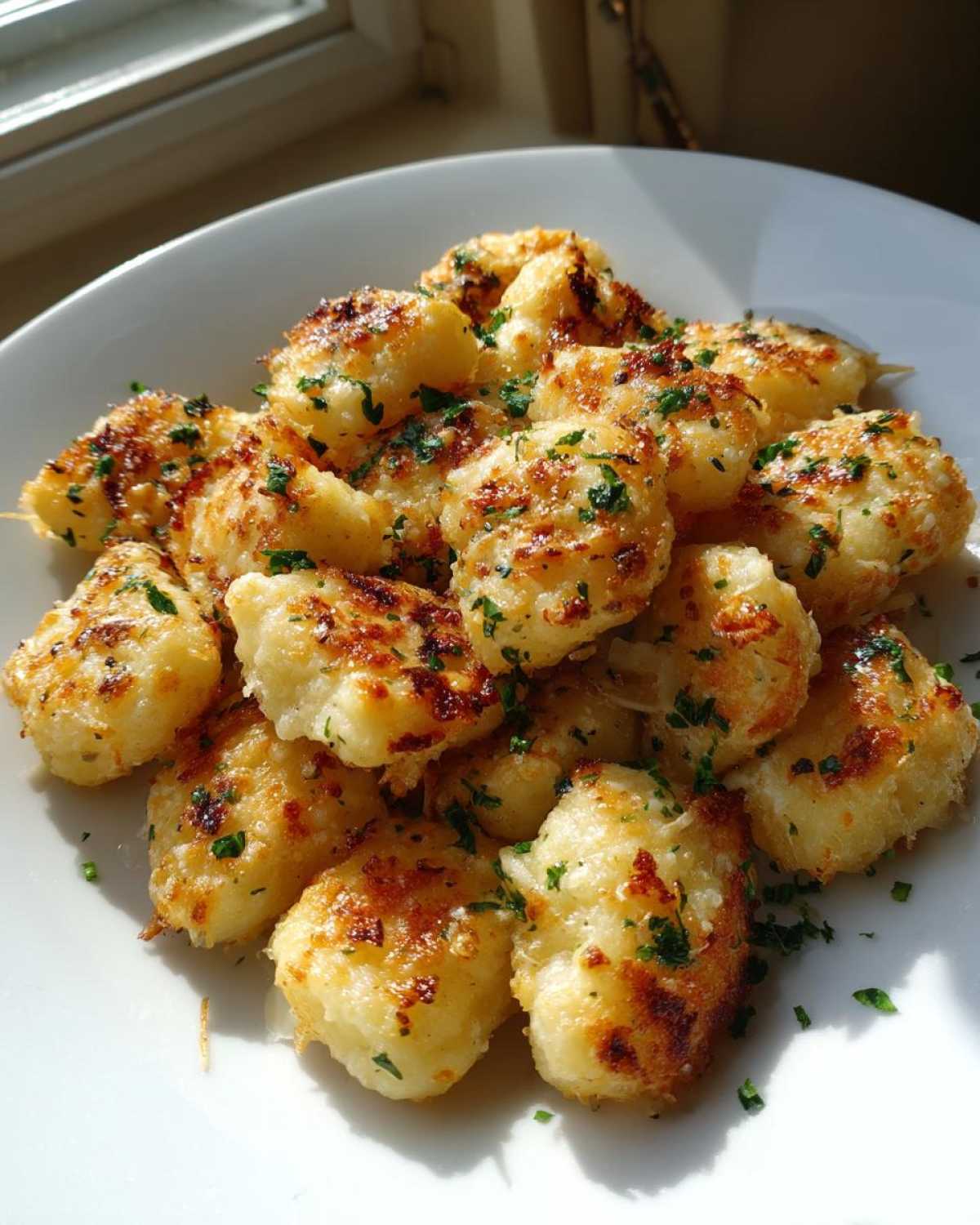 A close-up of golden brown, crispy air fryer gnocchi sprinkled with parsley on a white plate.