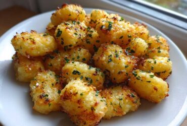 A close-up of golden brown, crispy air fryer gnocchi seasoned with herbs on a white plate.