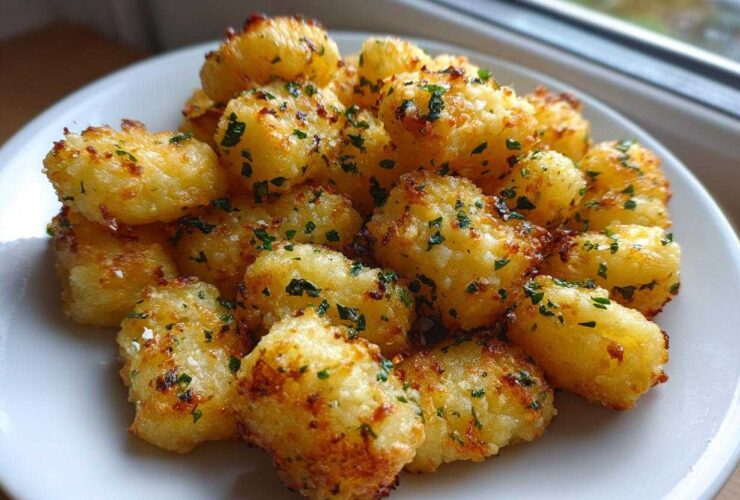 A close-up of golden brown, crispy air fryer gnocchi seasoned with herbs on a white plate.