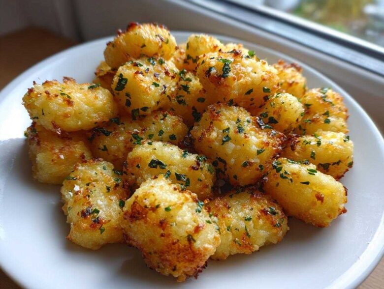 A close-up of golden brown, crispy air fryer gnocchi seasoned with herbs on a white plate.