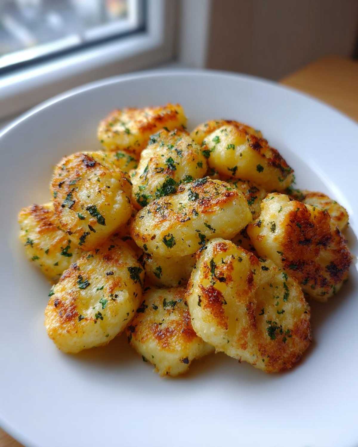 A white bowl filled with golden brown, crispy air fryer gnocchi seasoned with green herbs.