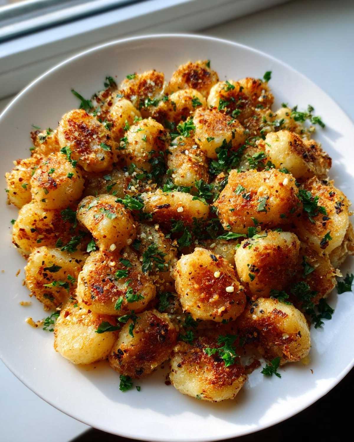 A white plate piled high with golden brown, crispy air fryer gnocchi, topped with chopped parsley and seasoning.