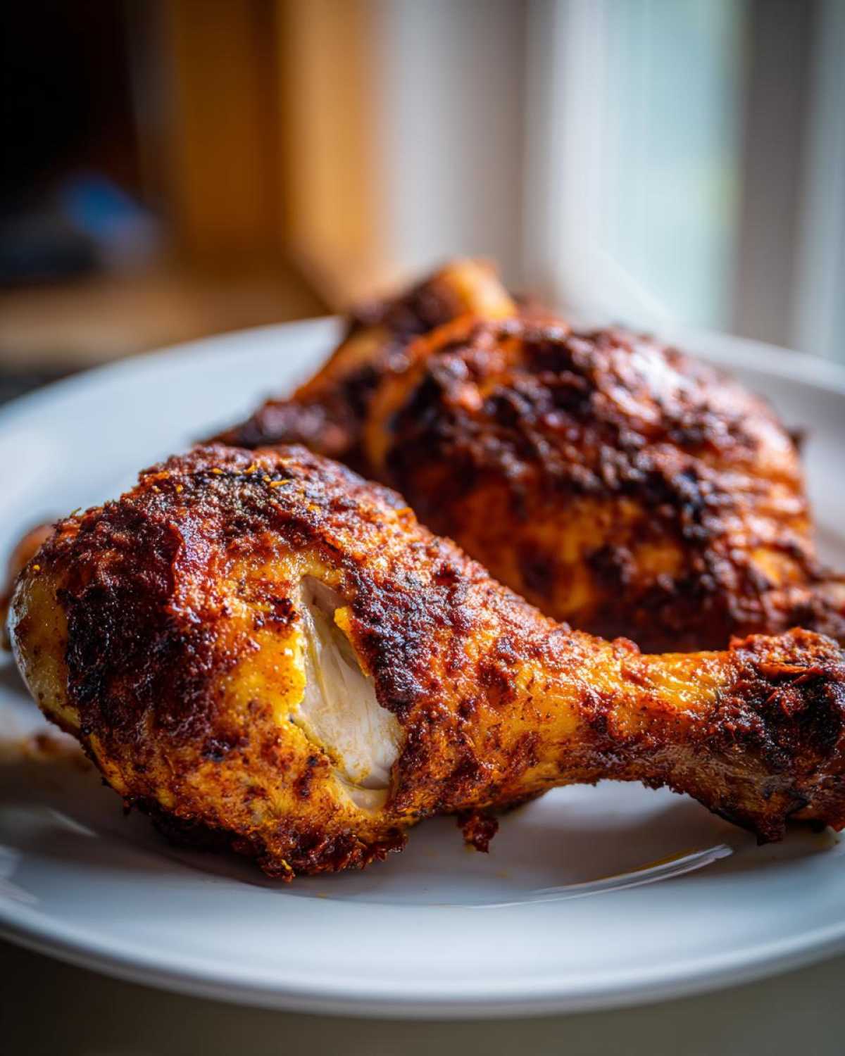 Close-up of two perfectly seasoned and crispy Baked Chicken Legs on a white plate, showing the juicy white meat inside one.