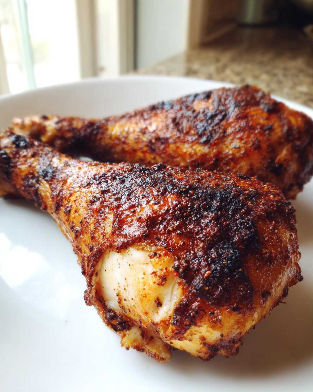 Close-up of two perfectly seasoned and crispy Baked Chicken Legs resting on a white plate.