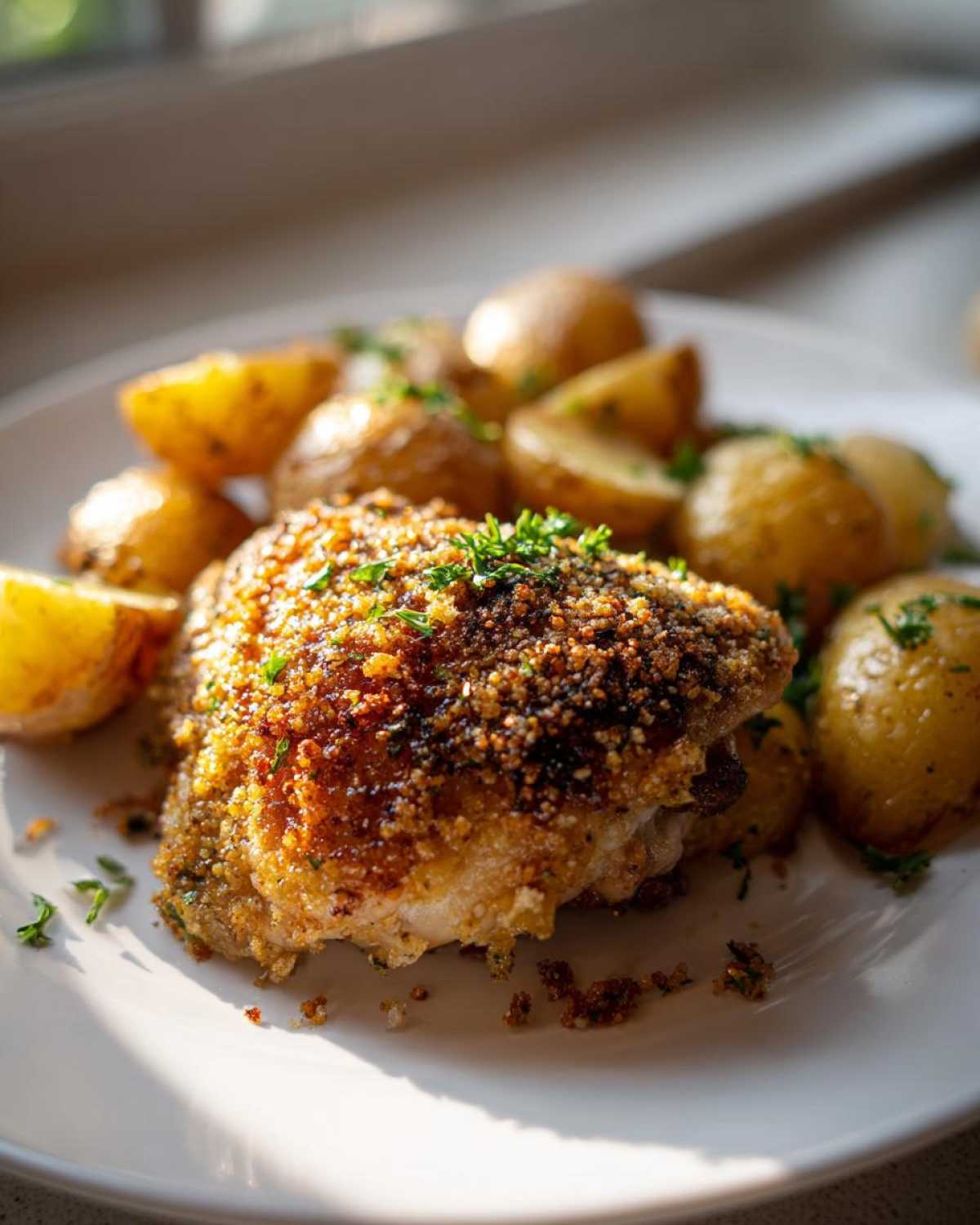 A close-up of crispy garlic parmesan chicken and potatoes garnished with fresh parsley on a white plate.