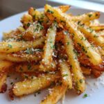 A close-up of a mound of golden, crispy garlic parmesan fries topped with grated cheese and fresh parsley.