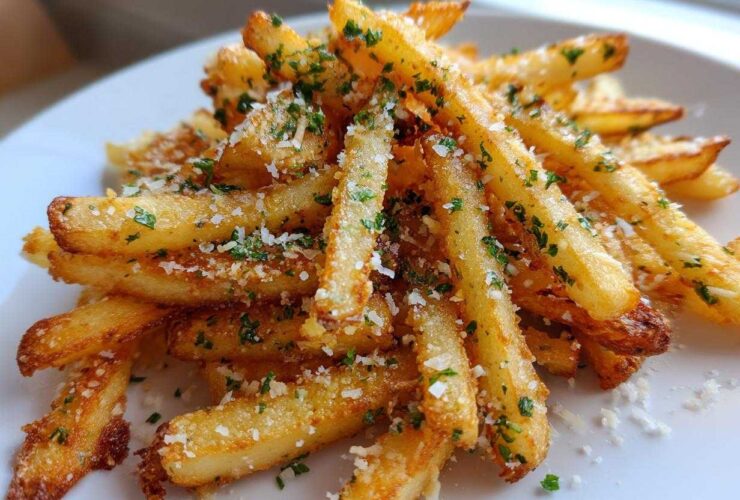 A close-up of a mound of golden, crispy garlic parmesan fries topped with grated cheese and fresh parsley.