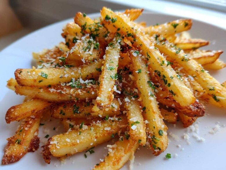 A close-up of a mound of golden, crispy garlic parmesan fries topped with grated cheese and fresh parsley.