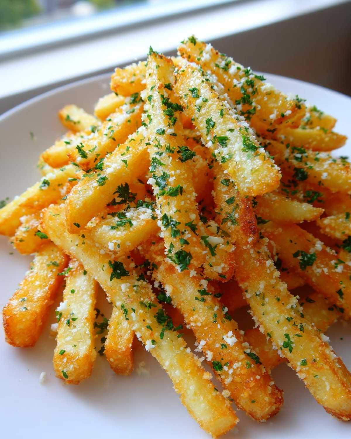 A close-up of a mound of golden Crispy Garlic Parmesan Fries sprinkled heavily with grated cheese and chopped parsley.