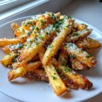 A close-up of a large serving of golden, crispy garlic parmesan fries topped with grated cheese and fresh parsley.