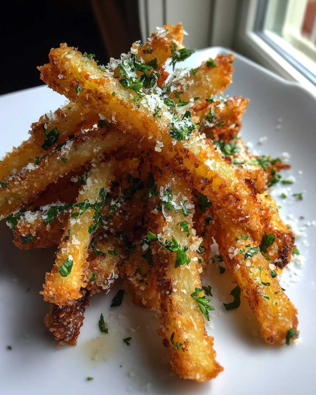 A close-up of golden, crispy Garlic Parmesan Fries piled high and topped with grated cheese and fresh parsley.