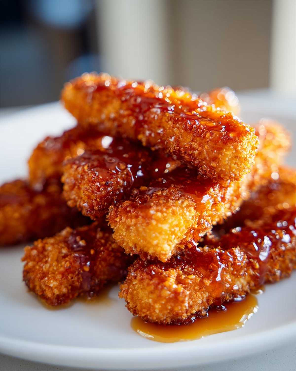 A stack of golden brown, crispy Hot Honey Halloumi Fries drizzled generously with shiny, thick hot honey sauce.