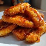 A stack of golden, crispy Hot Honey Halloumi Fries drizzled with shiny sweet and spicy glaze on a white plate.