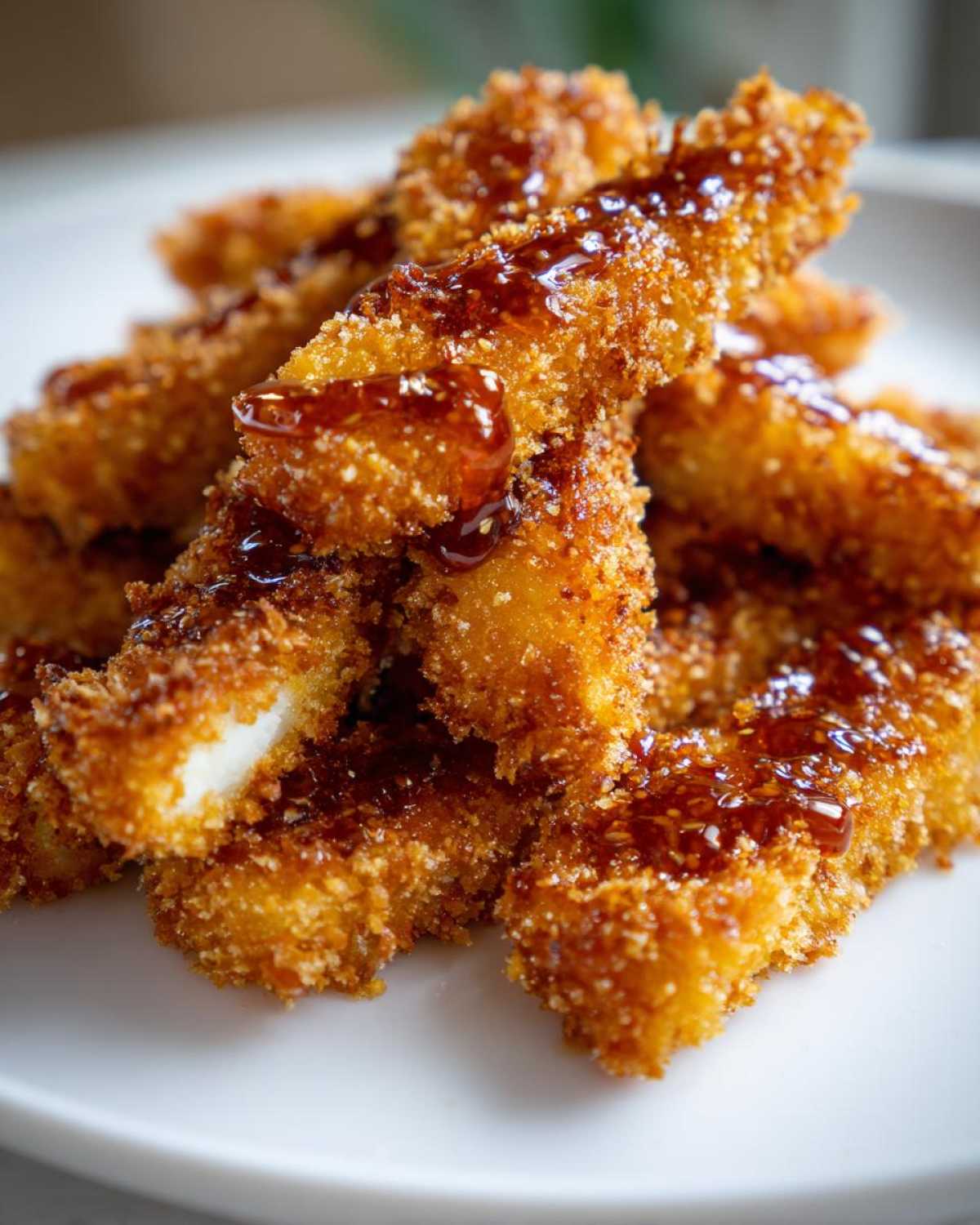 Close-up of a stack of Crispy Hot Honey Halloumi Fries drizzled with shiny hot honey sauce.