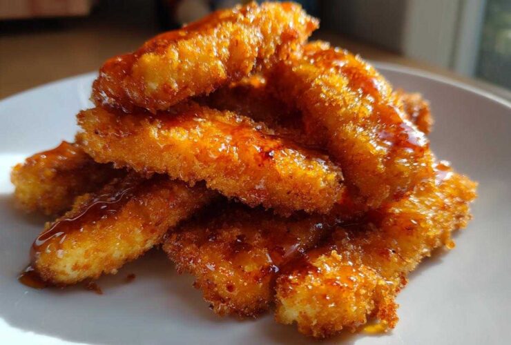 A stack of golden, crispy Hot Honey Halloumi Fries drizzled with shiny sweet and spicy glaze on a white plate.