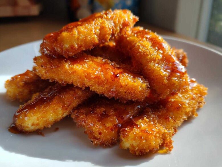 A stack of golden, crispy Hot Honey Halloumi Fries drizzled with shiny sweet and spicy glaze on a white plate.