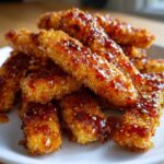 Close-up of Crispy Hot Honey Halloumi Fries piled on a white plate, glistening with sweet and spicy glaze.